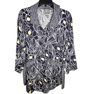 Habitat Womens 1X Dk Navy/Black Floral Dot Print Button Front Shirt Tunic Top